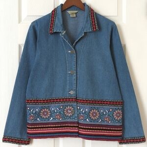 Teddi 90's Vintage Embroidered Trim Medium Wash Lightweight Denim Jean Jacket M